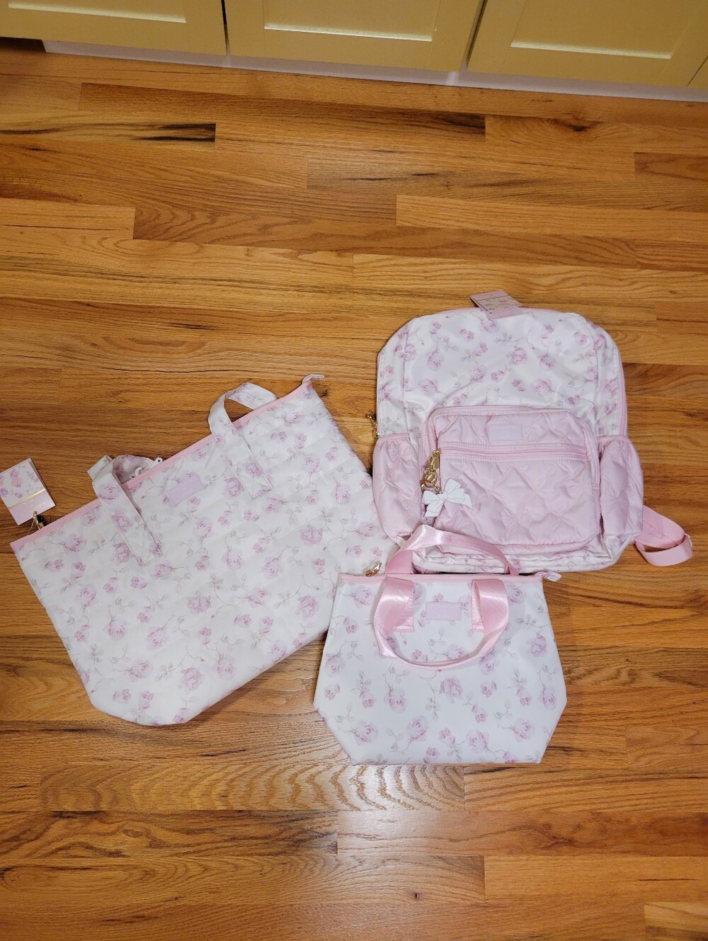 NWT LoveShackFancy x Yoobi Quilted 3-Pc Bag Set Sterling Dusk Ribbon Rosa Flora